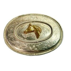 Large Alpaca Mexico Belt Buckle Vintage Tooled Ornate Horse Head Marked